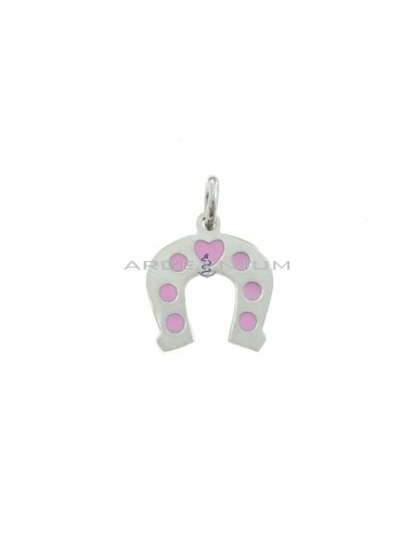 Plate horseshoe pendant with pink enamel details white gold plated in 925 silver