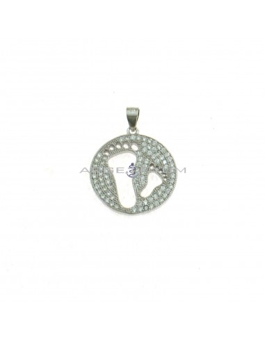 Round pendant in white zircons pave with pierced feet white gold plated in 925 silver