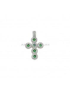 Ciondolo croce con zirconi bianchi e verdi e contromaglia zirconata fissa placcato oro bianco in argento 925