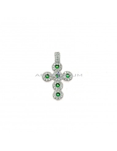 Ciondolo croce con zirconi bianchi e verdi e contromaglia zirconata fissa placcato oro bianco in argento 925
