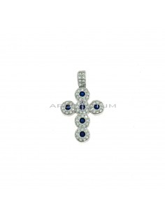 Cross pendant with white and blue zircons and fixed white gold plated zirconia counter-link in 925 silver