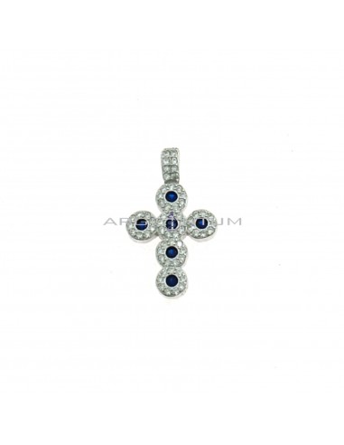 Ciondolo croce con zirconi bianchi e blu e contromaglia zirconata fissa placcato oro bianco in argento 925