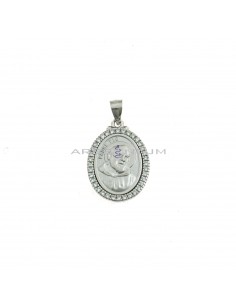 Satin oval Padre Pio medal with white zircons frame white gold plated in 925 silver