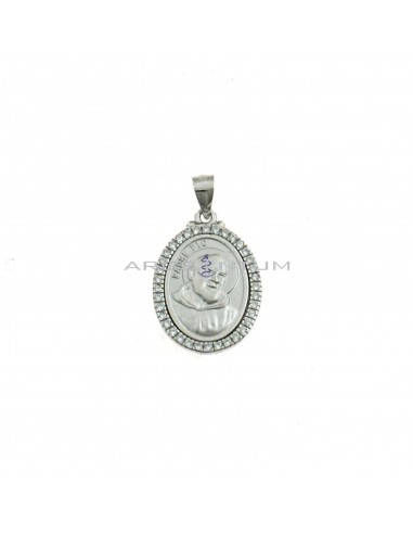 Satin oval Padre Pio medal with white zircons frame white gold plated in 925 silver