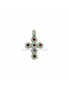 Cross pendant with white and fuchsia zircons and fixed white gold plated zirconia counter-link in 925 silver