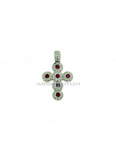 Cross pendant with white and fuchsia zircons and fixed white gold plated zirconia counter-link in 925 silver