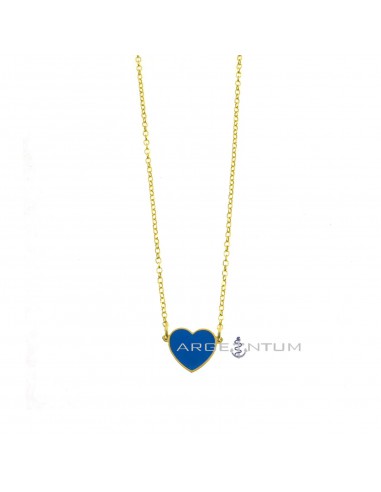 Yellow gold plated diamond rolo link necklace with blue enamelled heart 13x12 mm in 925 silver