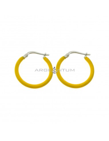 White gold plated hoop earrings with yellow enameled snap closure in 925 silver