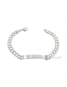 7 mm curb mesh bracelet with white gold plated central rectangular plate in 925 silver