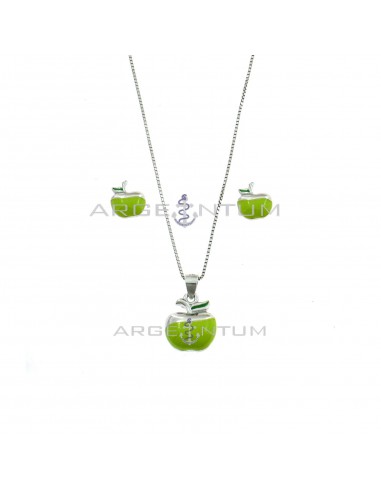 Set of white gold plated venetian mesh necklace, green semi-glazed apple lobe pendant and earrings in 925 silver