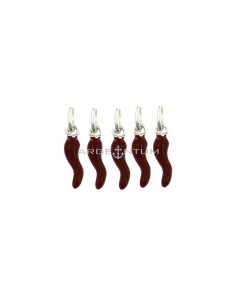 Red enamelled horn pendants 4x13 mm in 925 silver (5 pcs.)