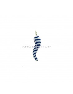 Horn pendant 7x25 mm white enamel with blue spiral white gold plated in 925 silver