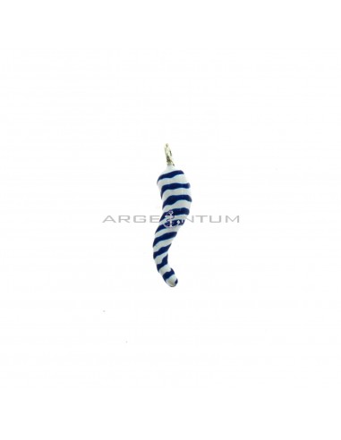 Horn pendant 7x25 mm white enamel with blue spiral white gold plated in 925 silver