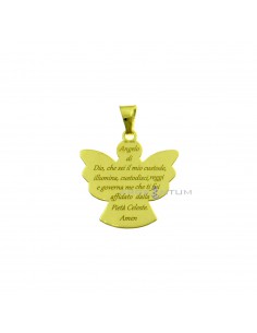 Ciondolo a lastra angelo con preghiera "Angelo di Dio" incisa 25x24 mm placcato oro giallo in argento 925