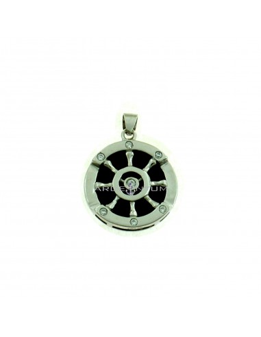 Rudder pendant with round white zircon details on a white gold plated black onyx base in 925 silver