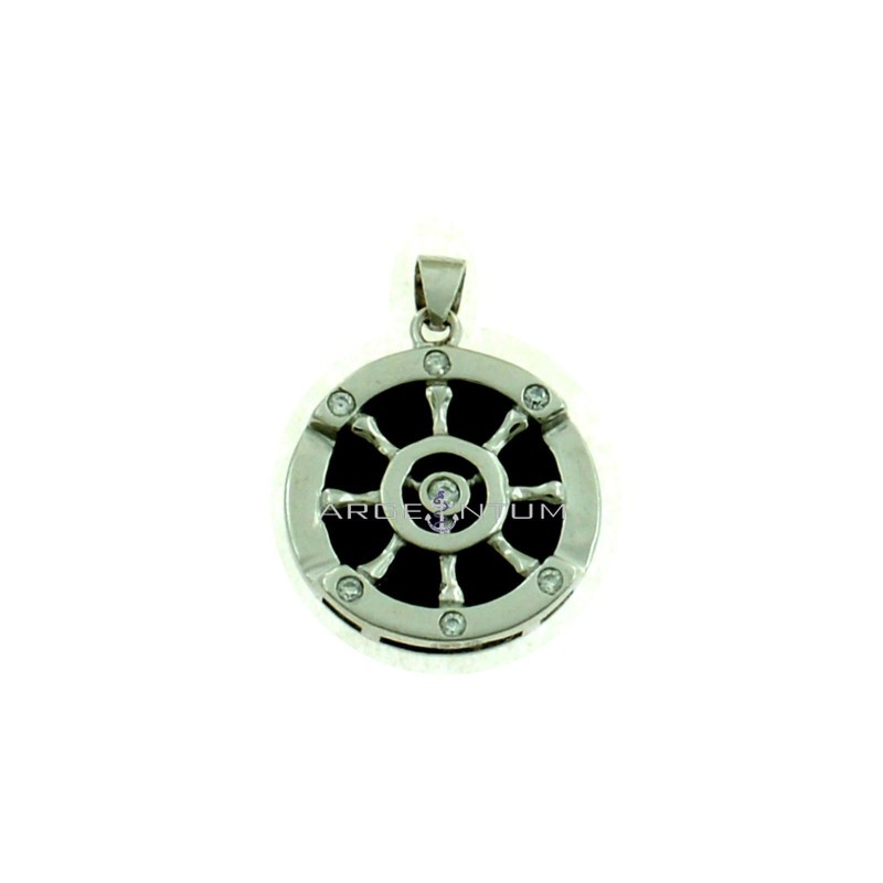Rudder pendant with round white zircon details on a white gold plated black onyx base in 925 silver