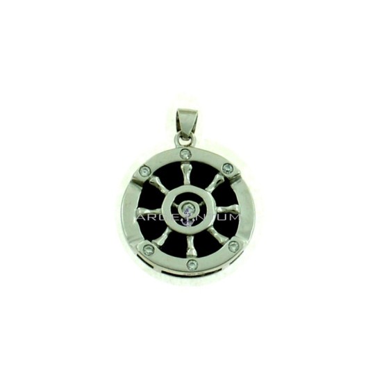 Ciondolo timone con dettagli zirconati bianchi in tondo su base di onice nero placcato oro bianco in argento 925
