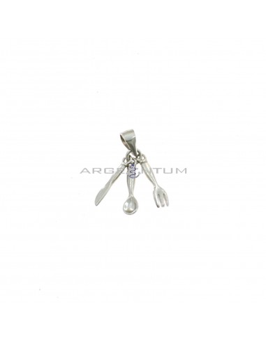 Pendant with hanging cutlery subjects in white gold plated 925 silver