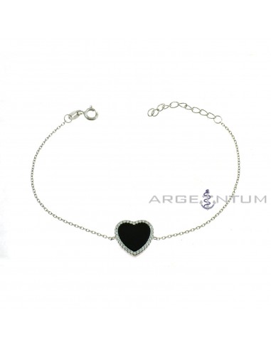 Forced mesh bracelet with central black onyx heart in white zircons frame white gold plated in 925 silver