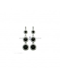 Drop earrings with round black degradé zircons in white gold plated white zircon frames in 925 silver