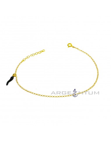 Yellow gold plated anklet with rolo link and black enamel side pendant in 925 silver