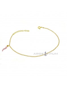 Yellow gold plated anklet with rolò link with pink enamel side pendant horn in 925 silver
