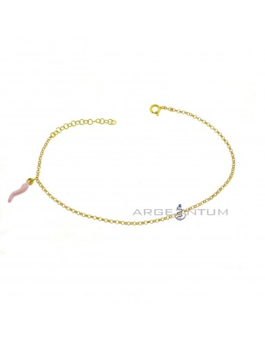 Yellow gold plated anklet with rolò link with pink enamel side pendant horn in 925 silver