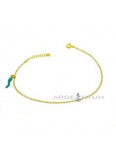 Yellow gold plated anklet with rolò link with aqua green enamel side pendant in 925 silver