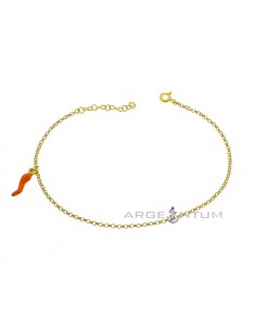 Yellow gold plated anklet with rolo link and orange enamel side pendant in 925 silver