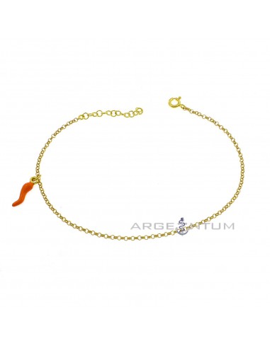 Yellow gold plated anklet with rolo link and orange enamel side pendant in 925 silver