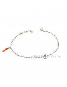 White gold-plated anklet with diamond-tipped rolò link with orange enamelled horn pendant in 925 silver