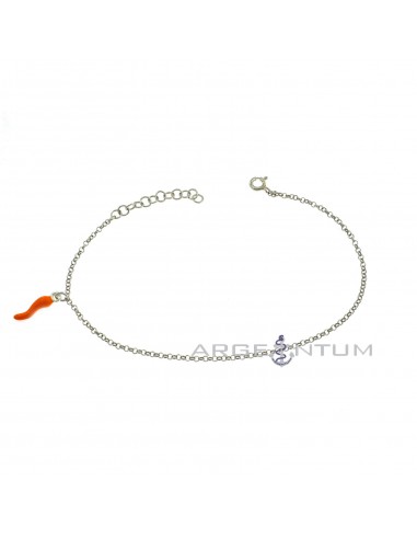 White gold-plated anklet with diamond-tipped rolò link with orange enamelled horn pendant in 925 silver
