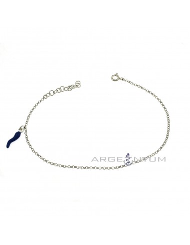 White gold-plated anklet with diamond-cut rolò link with blue enamelled side pendant horn in 925 silver