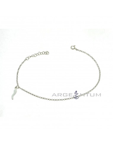 White gold-plated anklet with diamond-tipped rolò link with white enamel side pendant horn in 925 silver