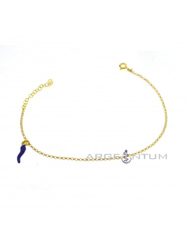 Yellow gold plated anklet with rolo link and purple enamel side pendant in 925 silver