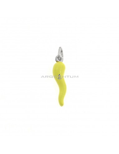 Pastel yellow enamel horn pendant 6x22 mm white gold plated in 925 silver