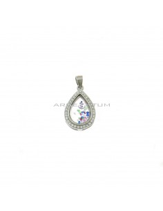 Drop shape pendant of white cubic zirconia with movable multicolor cubic zirconia in double glass white gold plated in 925 silver