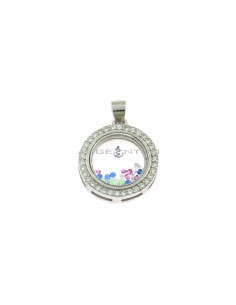 Round shape pendant of white zircons with movable multicolor zircons in double glass white gold plated in 925 silver