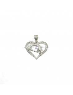Mother and child hands pendant in white half-zirconia heart shape white gold plated 925 silver