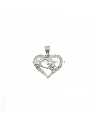 Mother and child hands pendant in white half-zirconia heart shape white gold plated 925 silver
