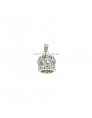 Bell pendant with white zircons, pierced hearts and clapper with white light point, white gold plated in 925 silver