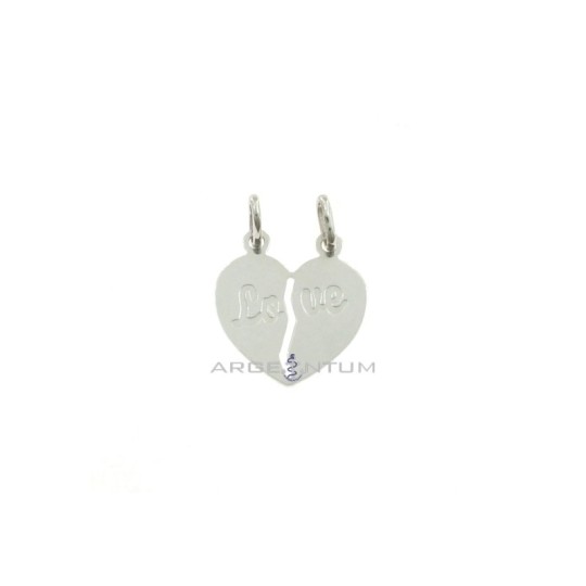 Ciondolo divisibile cuore a lastra con scritta "Love" incisa placcato oro bianco in argento 925