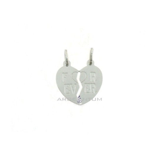 Divisible plate heart pendant with engraved "FOR EVER" writing in white gold plated 925 silver
