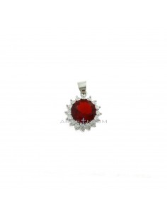 Red zircon pendant in white gold plated white zircon frame in 925 silver