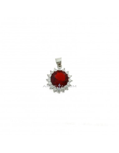 Red zircon pendant in white gold plated white zircon frame in 925 silver
