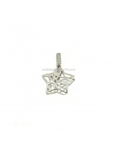 Double perforated plate star pendant with white zirconia counter-link in white gold plated 925 silver