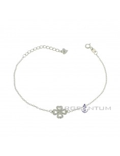 Forced mesh bracelet with white zircon shaped four-leaf clover white gold plated in 925 silver