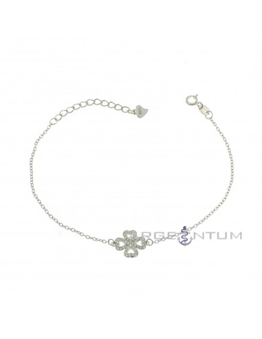 Forced mesh bracelet with white zircon shaped four-leaf clover white gold plated in 925 silver