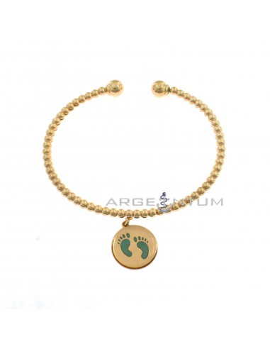 Rigid ball bracelet with round pendant medal with green enameled feet rose gold plated in 925 silver