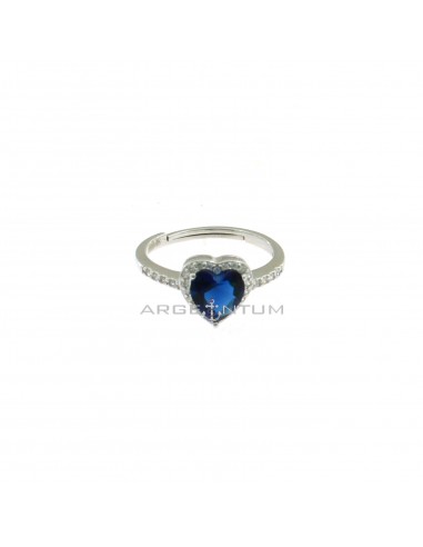 Adjustable ring with central blue zircon heart in a frame of white zircons and white semizircon shank white gold plated 925 silver